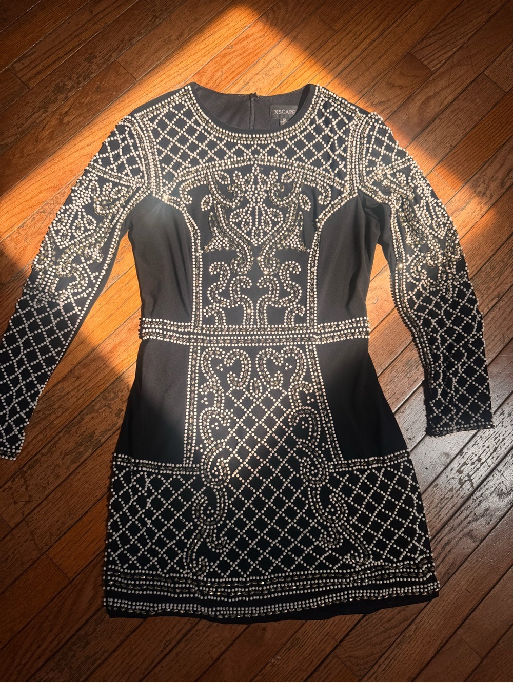 Xscape Black Long Sleeve Crystal-Embellished Bodycon Dress